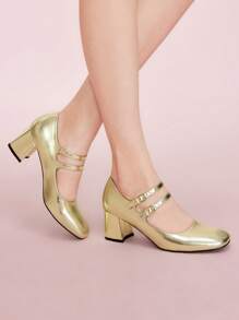 CUCCOO DOLLMOD Women's Square Toe Adjustable Strap Design Fashion Mary Jane High Heels - Gold - View 5