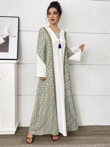 Yasmyna Women's Colorblock Allover Print Elegant Long Sleeve Turkish & Arabic Traditional Long Robe, Modest Kaftan - Green - View 4