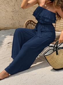 Serisse 女式纯色腰带荷叶边多层无袖连体裤 - 藏蓝色 - 查看 5