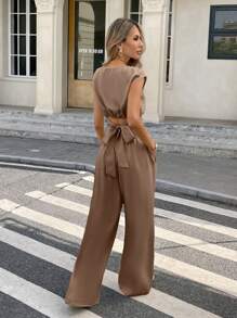 Serisse 2pcs/Set Atasan Crop Tanpa Lengan dengan Tali Belakang dan Celana Panjang Slim Fit Warna Polos untuk Wanita, Warna Cokelat, Kasual Musim Semi. - Khaki - View 3