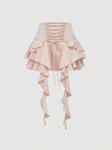 SHEIN MOD 女士系带粉色荷叶边不对称下摆粉色 A 字裙、缎面裙、优雅、度假裙、派对、生日、狂欢节、飘逸、仙女、音乐会、毕业典礼、荷叶边裙、德比裙 - 淺粉色 - 查看 1