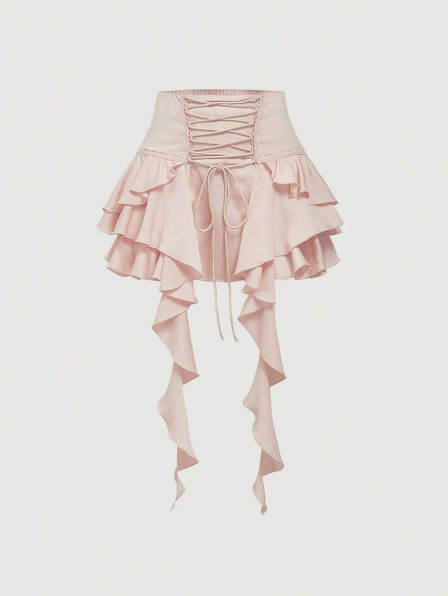 SHEIN MOD 女士系带粉色荷叶边不对称下摆粉色 A 字裙、缎面裙、优雅、度假裙、派对、生日、狂欢节、飘逸、仙女、音乐会、毕业典礼、荷叶边裙、德比裙 - 淺粉色 - 查看 1