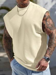 Manfinity Homme Men's Solid Color Textured Fabric Round Neck Casual Tank Top - Beige - View 4