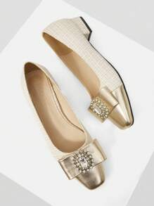 MOTF PREMIUM SQUARE TOE BOW & RHINESTONE BUCKLE FLAT - Gold - View 9