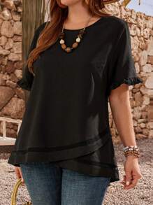 EMERY ROSE 大码纯色圆领荷叶边短袖休闲衬衫，夏季度假上衣 - 黑色 - 查看 4