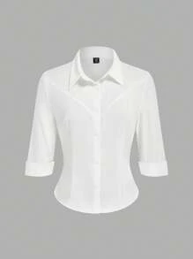 Lyrianda 女士商务休闲时尚衬衫（配领带）、修身版型、七分袖、多用途办公装 - 白色 - 查看 10