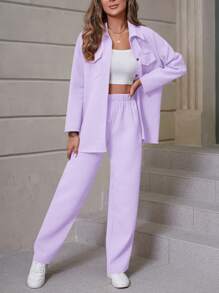 SHEIN Unity 2件套女士纯色长袖单排扣衬衫和裤子休闲套装 - 紫色 - 查看 4
