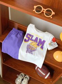 SHEIN 2pcs Baby Boys Summer Casual Sports Cartoon Basketball Print Short Sleeve T-Shirt With Elastic Waist Purple Shorts Set Outfit For Toddler Toddler Clothes Toddler Sets Summer Toddler Football Outfit Toddler Clothing - Multicolor - View 5