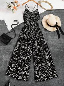 INAWLY 女式复古几何印花休闲宽松度假阔腿连体裤，夏季演唱会服装 - 黑色 - 查看 1