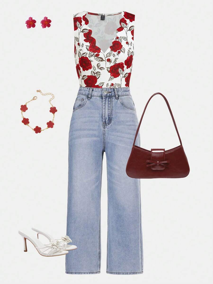 Ellevyn Women's Boho Floral Print V Neck Sleeveless Polyester Cami Top - Regular Length Scalloped Hem - Multicolor - View 1