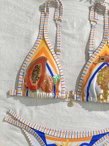 Swim Vcay New Fruit & Ocean Printed High-End Rhinestone Women Bikini 2 Pieces Set With Adjustable Straps, Summer Resort , Beach - Multicolor - View 3