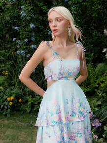 SHEIN MOD Robe longue bohème à lacets avec imprimé floral, bleu rêveur