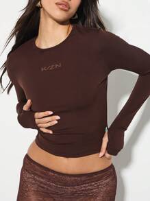KIZN 长袖修身基本款短款上衣 - 咖啡棕 - 查看 1