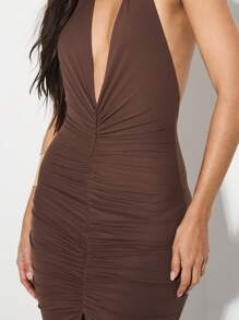 KIZN Đầm maxi cổ yếm khoét sâu, đầm dạ hội xếp ly, hở lưng, ôm sát, dài đến sàn, thích hợp cho đám cưới, tiệc tùng, sự kiện đặc biệt. - màu nâu - Xem 5