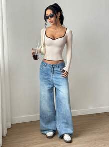 SHEIN PETITE Short Petite Colorblock Heart Collar Long Sleeve Ribbed Casual Knit Knit Pullover Fall Winter - Apricot - View 6