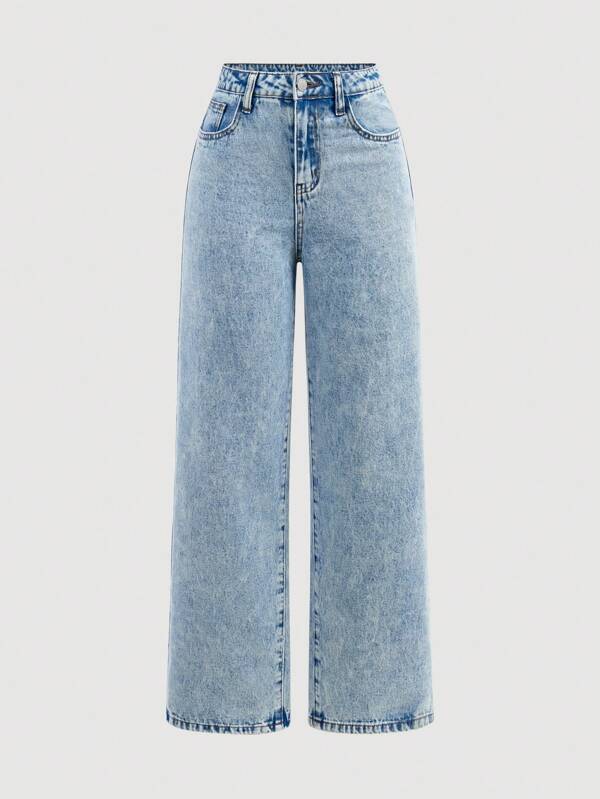SHEIN Girlism Teen Girls' Loose Fit Pocket Decorated Wide Leg Casual Jeans