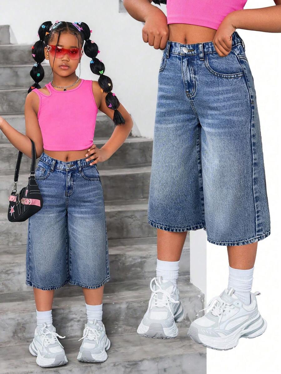 SHEIN 少女时尚休闲Y2K复古蓝色舒适宽松阔腿三英寸牛仔裤，适合少女日常穿着，柔软舒适，也适合少女春夏派对、节日和海滩穿着。