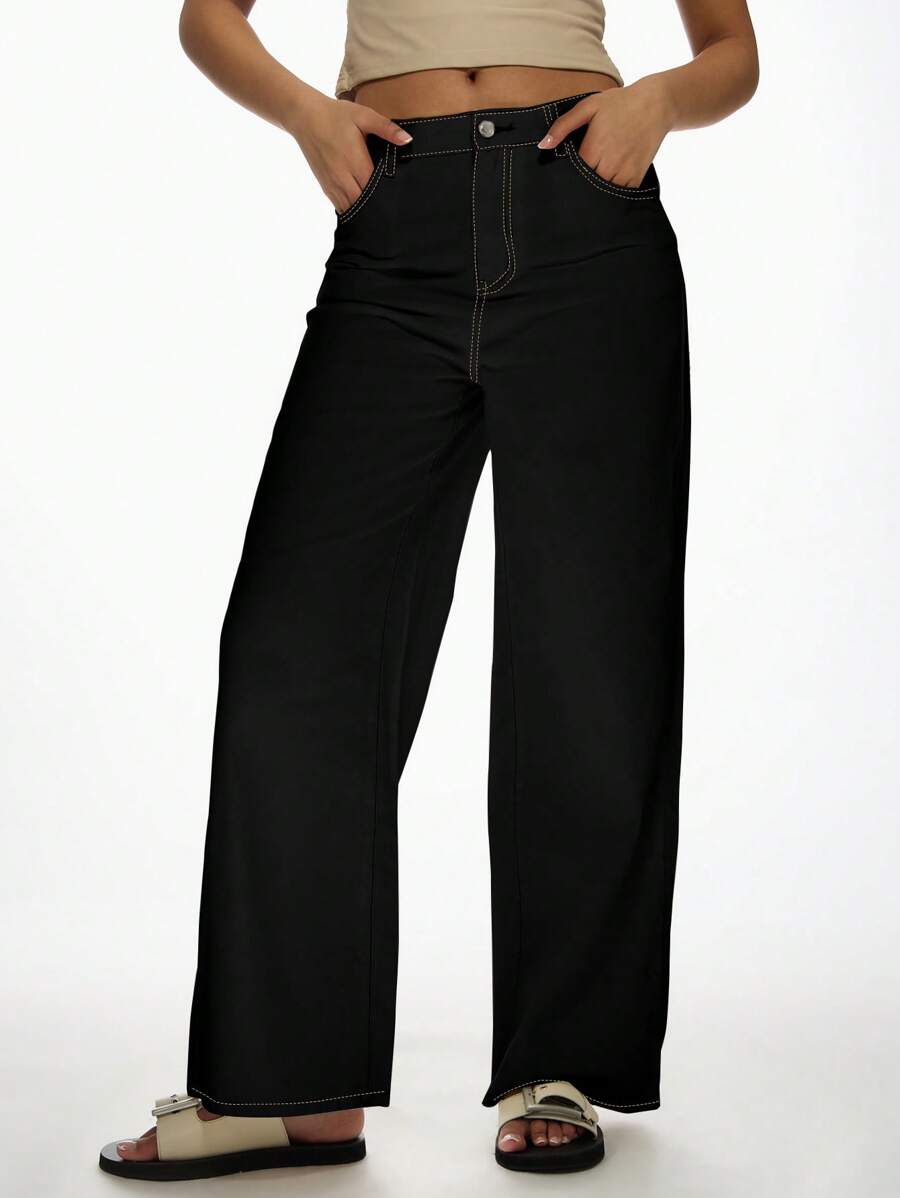 MISSGUIDED 阔腿牛仔裤高腰宽松宽松牛仔裤经典撞色缝线休闲日常穿着秋冬时尚