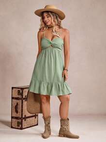 SHEIN VCAY Vestido de tirantes finos con retorcido de unicolor para mujer de talla grande para vacaciones - Verde - Ver 7