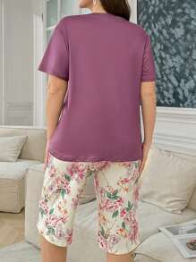 SHEIN New Floral Print Patch Pocket Loose Casual Short Sleeve T-Shirt And 3/4 Pants Pajamas Set, Plus Size