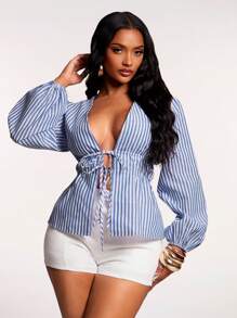 SHEIN SXY Women's Linen Summer Sexy V-Neck Front Tie Striped Blouse, Office/Commute Shirt, Vacation Casual Top
