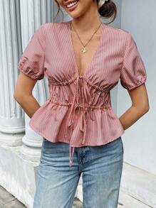 Pariaura French Casual Vacation Sexy Bowknot Up Ruffle Hem Short Sleeve Women Blouse - Multicolor - View 6