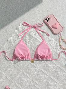 Swim Mod Summer Holiday Special Texture Gold Flower Decor Halter Triangle Cup Sexy Swimwear Top - Pink - View 2