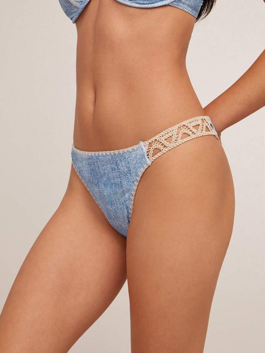 WESTFADE Denim Printed Faux Crochet Low Rise High Cut Leg Ruched Back Summer Western Cowgirl Bikini Bottom - Blue - View 1