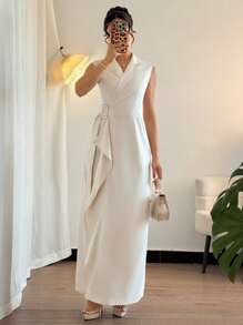 Elenzga Women's Elegant Off-White Summer Sleeveless Dress With Crisscross Tie Waist,Ruffled Hem&Adjustable Buckle For Tea Party,Vacation,Office,Commuting - Apricot - View 3