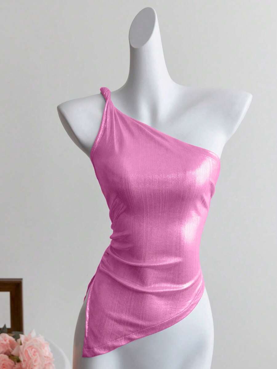 Elamini 白色修身不对称领性感衬衫 - 粉色 - 查看 1