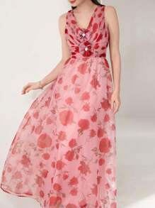 Modelyn Women's Elegant Summer Pink Floral Maxi Dress,V-Neck Sleeveless Wedding Ninang Gown,3D Floral Appliques Pearl Accents Woven Textured Flared Hem Dress - Multicolor - View 6