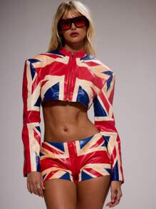 MUSERA Pu Leather High Neck Union Jack Cropped Jacket Spring, Summer, Holiday, Festival, Rave, Grunge, Cool Girl, Y2K Fall Streetwear
