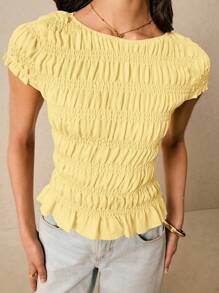 Poéselle 女式纯色圆领荷叶边下摆休闲短袖短款衬衫