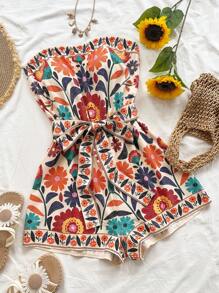 Soleia 女士彩色民间花卉印花短款上衣和短裤连体裤，适合海滩、音乐节、嬉皮风格、派对、约会、下午茶 - 彩色 - 查看 1