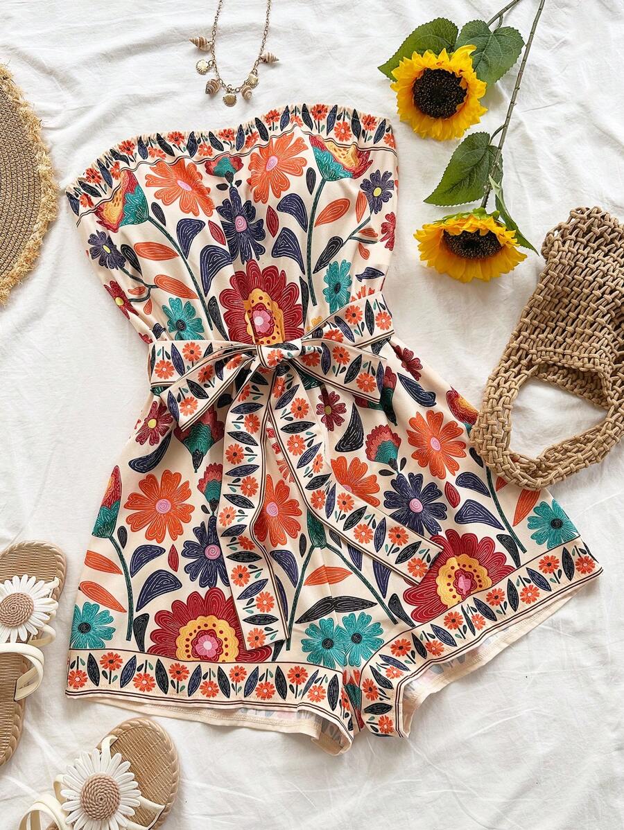 Soleia 女士彩色民间花卉印花短款上衣和短裤连体裤，适合海滩、音乐节、嬉皮风格、派对、约会、下午茶 - 彩色 - 查看 1