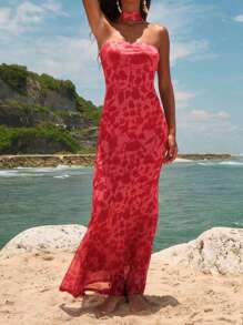 SHEIN VCAY Vestido de verano sexy para tallas grandes con estampado completo, escote halter y cintura ceñida