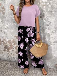 EMERY ROSE 2 pièces/set Femmes Ensemble assorti casual à motif floral, coupe slim, pour le printemps/été