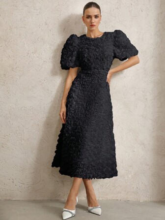 Aveloria Rosie Fransk romantisk ros 3D-utsmyckad v-ringad puffärmklänning med åtsittande midja för kvinnor