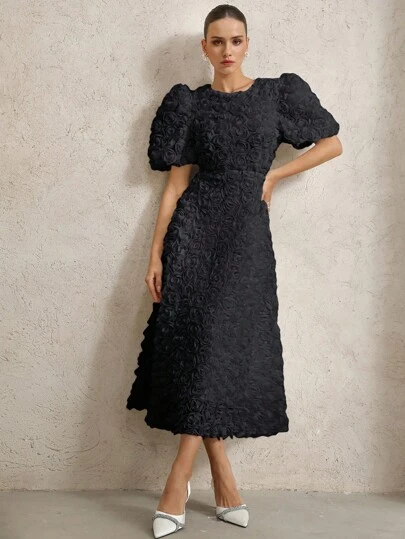 Aveloria Rosie French Romantic Rose 3D Embellished V-Neck Puff Sleeve Cinched Waist Dress For Women