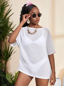 SHEIN Teen Girl Loose White Textured Striped Pattern Thin Sheer Casual Vacation Solid Color Lightweight Beach Sun Protection Cover Up, Thin Breezy Beach Holiday Top