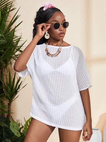 SHEIN Teen Girl Loose White Textured Striped Pattern Thin Sheer Casual Vacation Solid Color Lightweight Beach Sun Protection Cover Up, Thin Breezy Beach Holiday Top