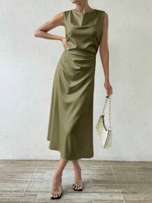 女士优雅长腰褶皱设计连衣裙