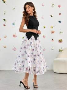 Modelyn Vestido Elegante e Romântico de Chifon Sem Mangas Longo, Primavera/Verão - Multicolorido - Visão 4