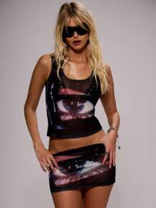 MUSERA Mesh Eye Print Scoop Neck Top Spring, Summer, Holiday, Festival, Rave, Grunge, Cool Girl, Y2K Graphic Top Graphic
