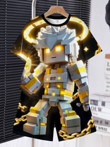 SHEIN MC ANGEL, Chłopięcy zestaw casualowy, minimalistyczny, z krótkim rękawem i okrągłym dekoltem, 2 sztuki, odpowiedni na lato - Wielokolorowe - Zobacz 2