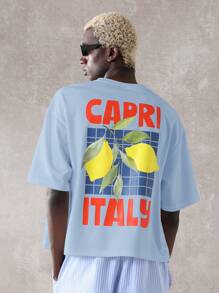 SUMWON Capri Italy Graphic Beach Vibes Vacation Club Oversized T-Shirt Summer Casual Streetwear Resort Island Lemon Print Travel Collection - Blue - View 1