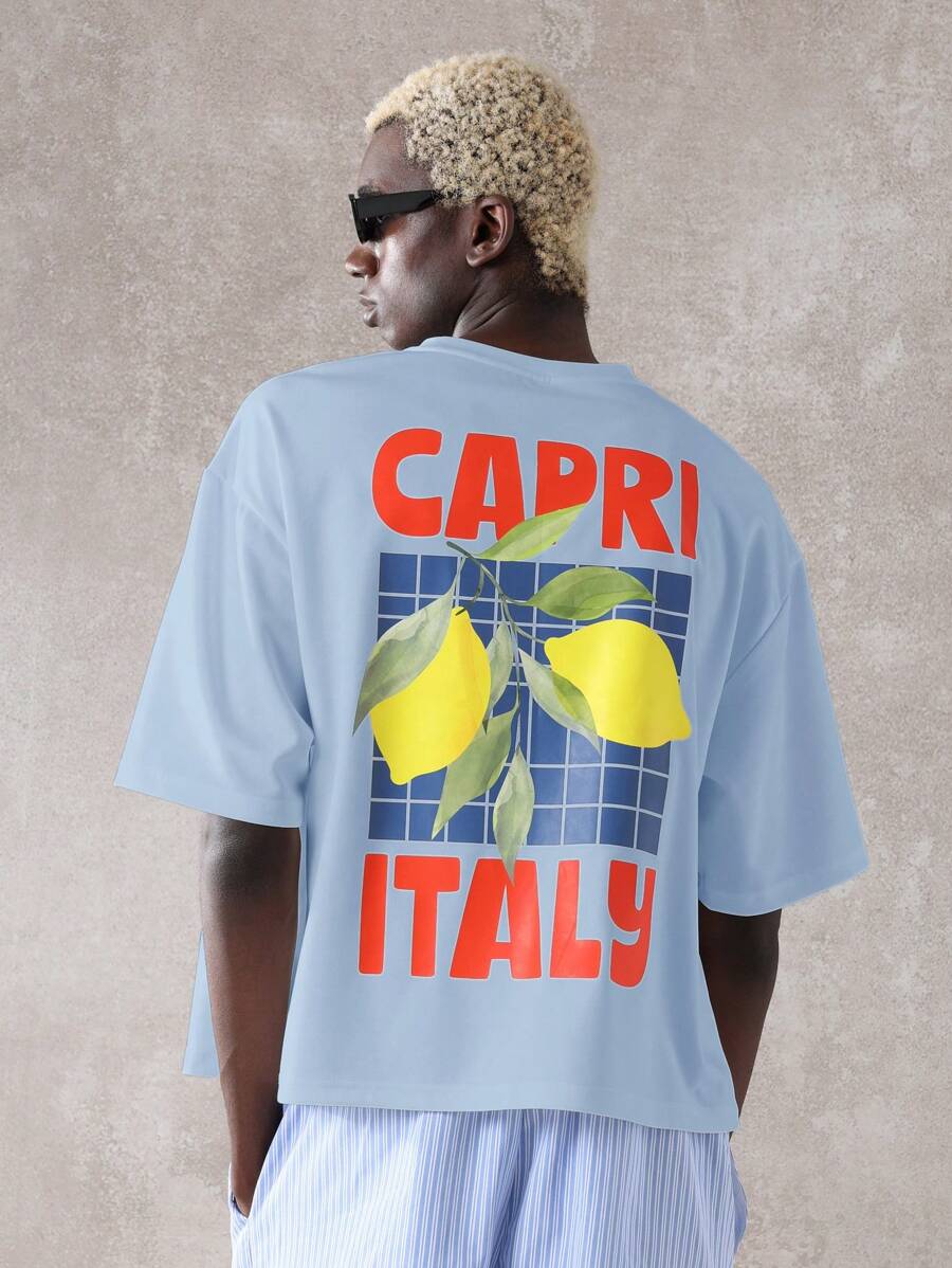 SUMWON Capri Italy Graphic Beach Vibes Vacation Club Oversized T-Shirt Summer Casual Streetwear Resort Island Lemon Print Travel Collection - Blue - View 1