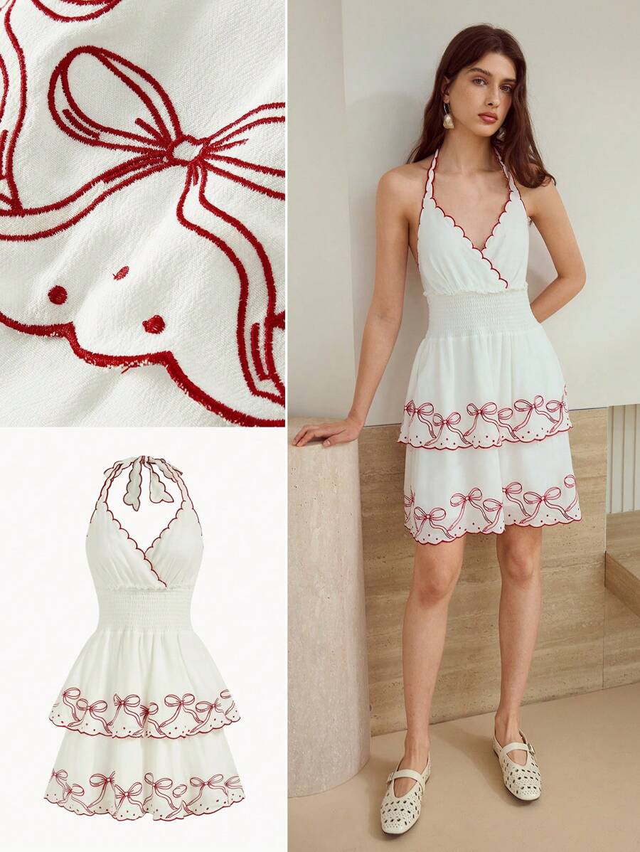 MOTF STUDIO VESTIDO CORTO CON ESTAMPADO DE MOÑO Y CUELLO DE HALTER - Blanco - Ver 1