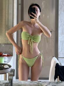 DAZY Bộ bikini dây mảnh màu trơn dành cho nữ, thiết kế tối giản, kiểu tankini, thích hợp cho kỳ nghỉ hoặc du lịch biển. - màu đen - Xem 3