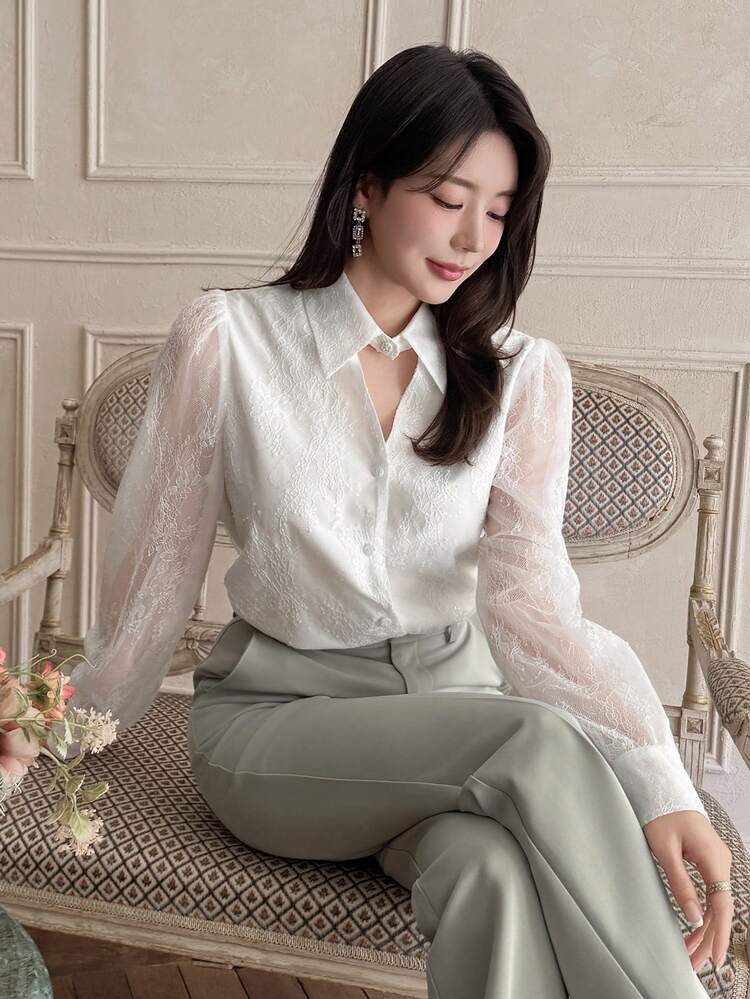 Women's Loose Lace Hollow Long Sleeve Elegant Vacation Summer Top, Blouse